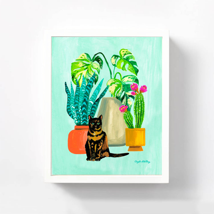 tortoiseshell cat with houseplants acrylic painting art print