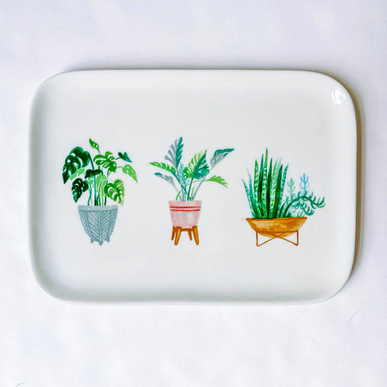 Ceramic tray with three plant illustrations