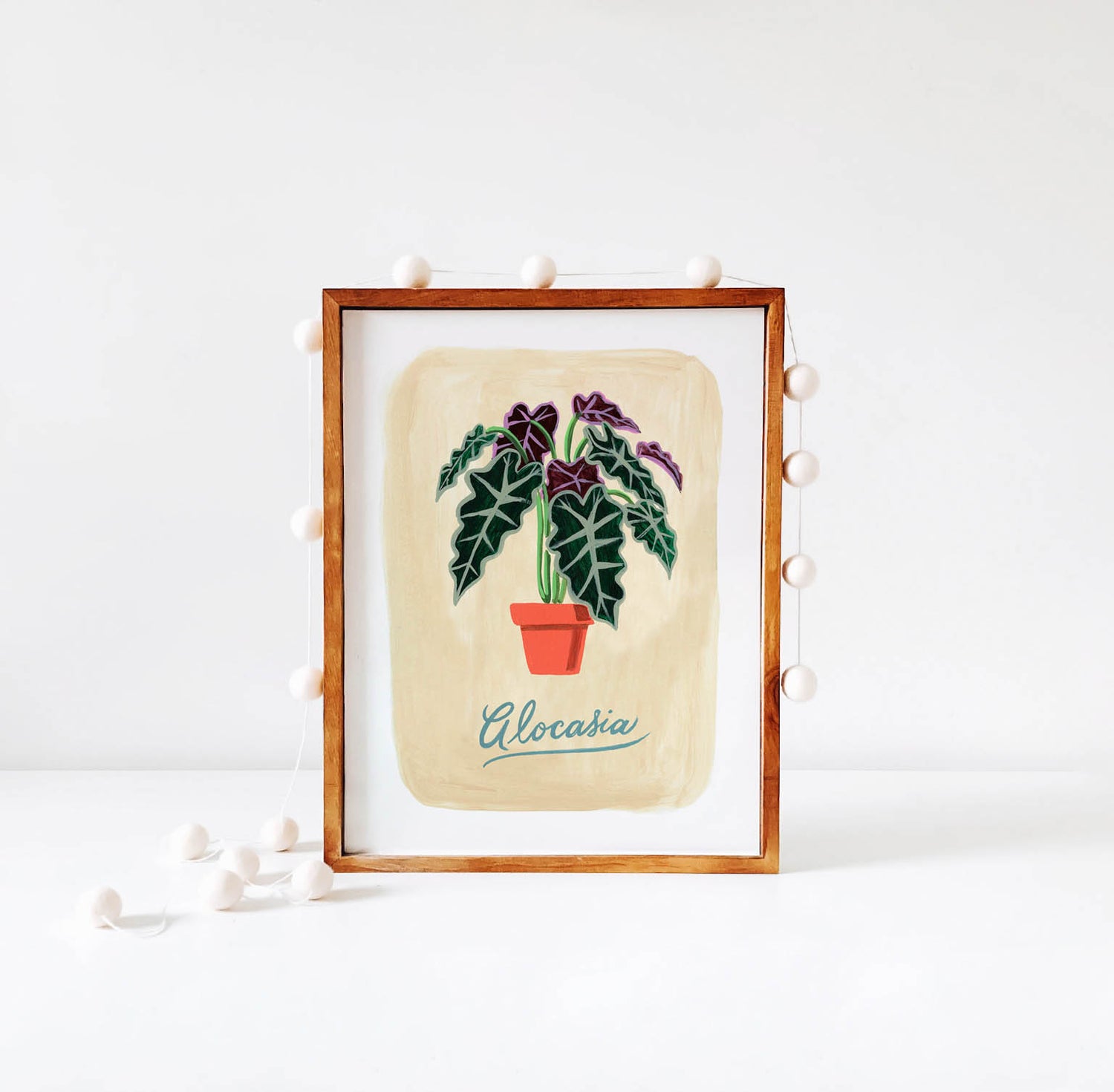 Alocasia plant illustration in wood frame