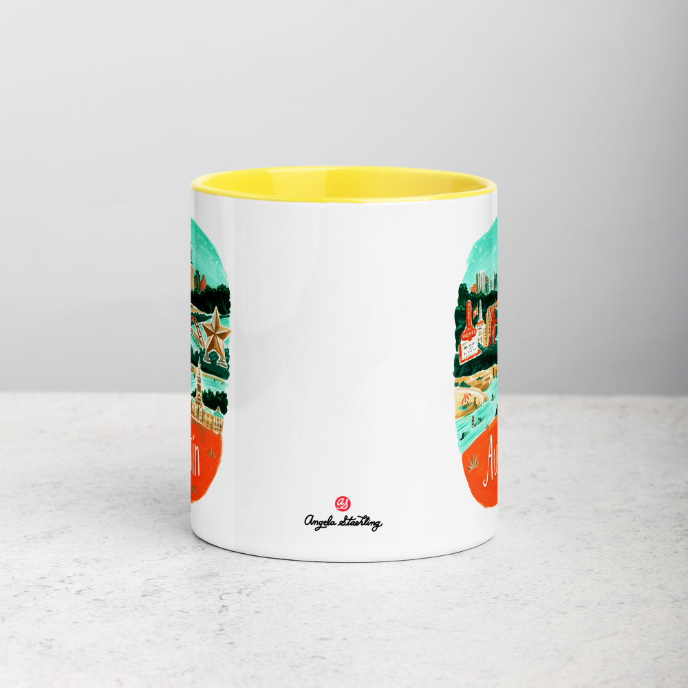 White ceramic coffee mug with yellow handle and inside; has Austin illustration by Angela Staehling