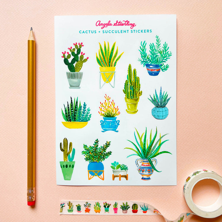 Cactus sticker sheet with blue flower pots