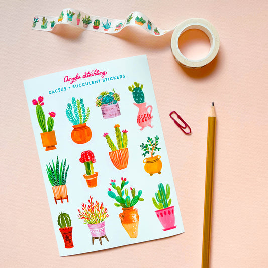 Cactus and succulent sticker sheet with cactus washi tape