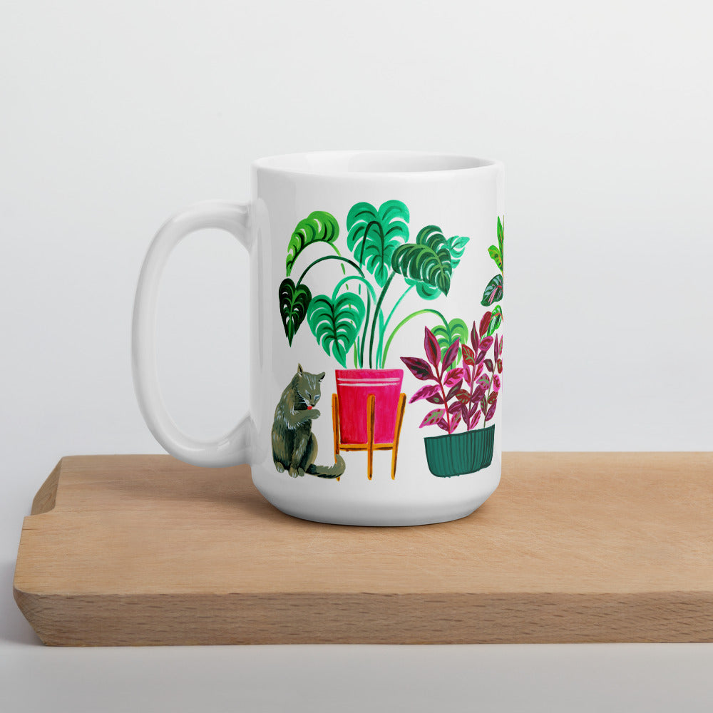 Cats and plants white ceramic 15oz coffee mug