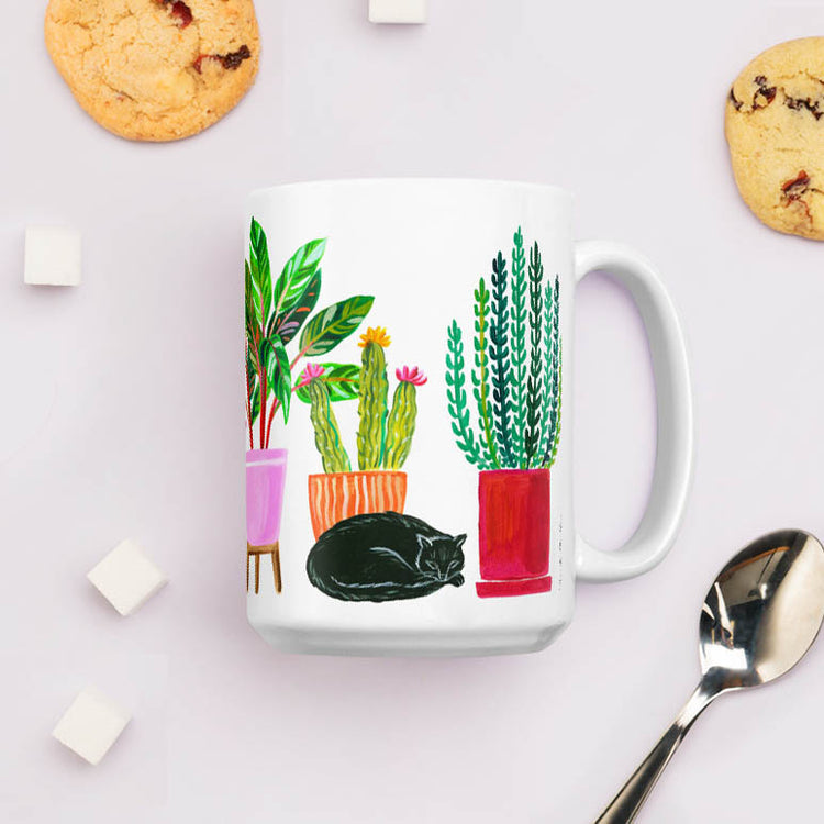Cats and plants white ceramic 15oz coffee mug
