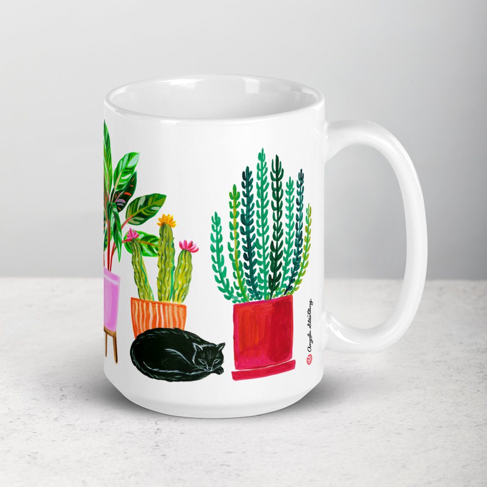 Cats and plants white ceramic 15oz coffee mug