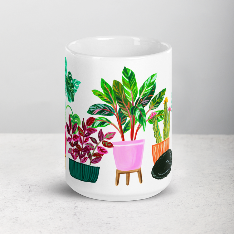 Cats and plants white ceramic 15oz coffee mug