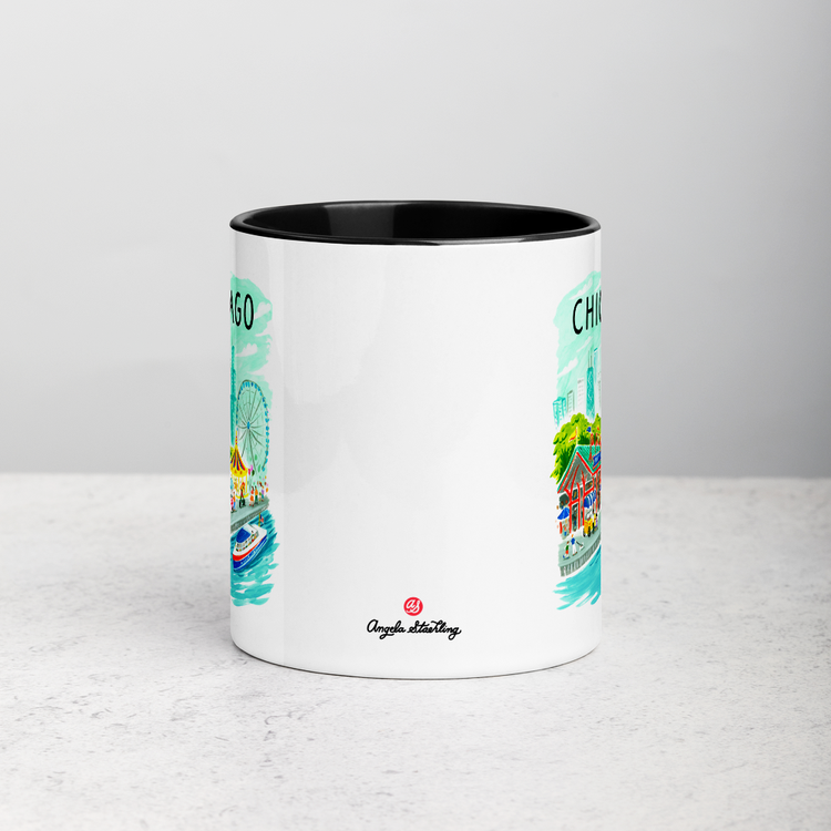 White ceramic coffee mug with black handle and inside; has Chicago Navy Pier illustration by Angela Staehling