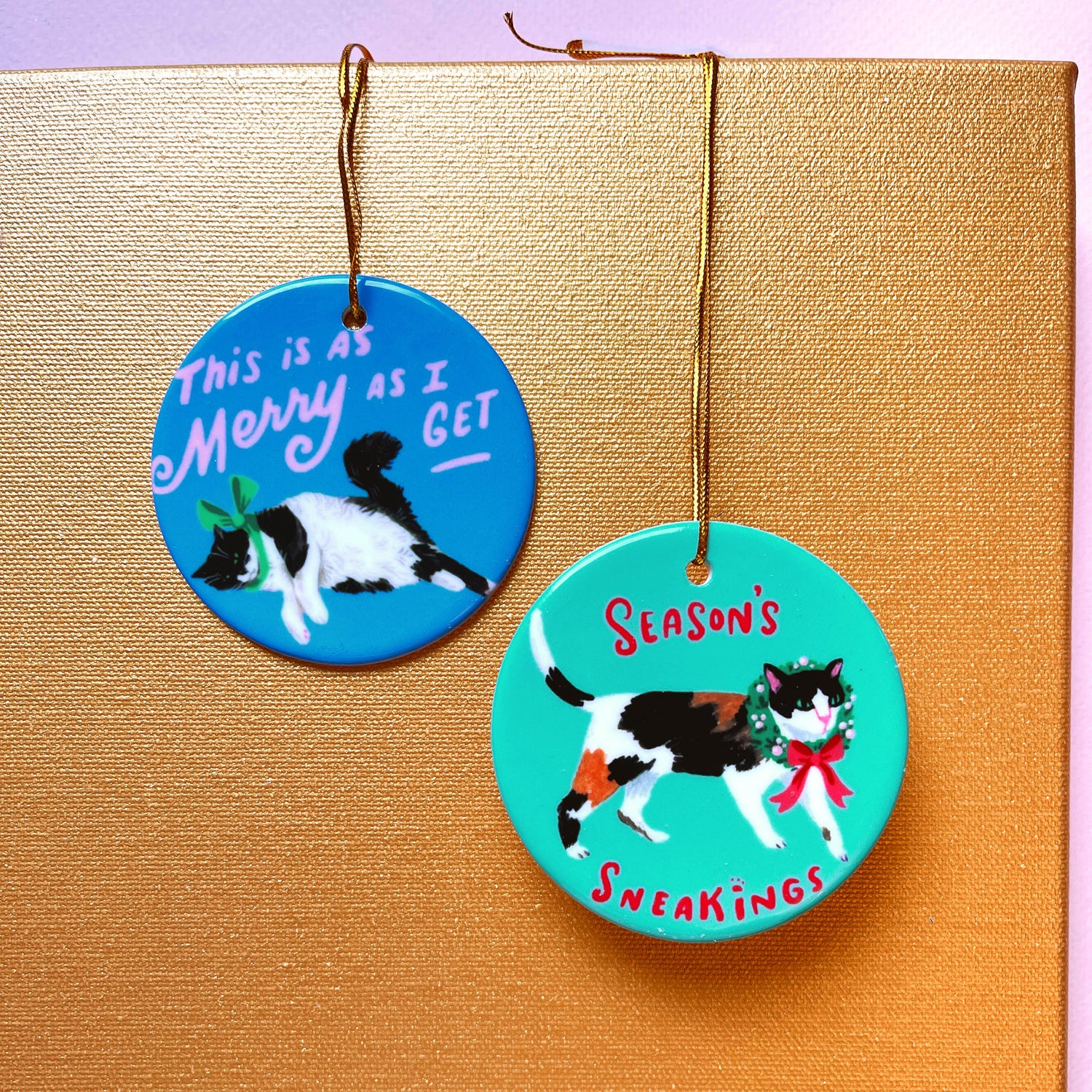 Calico cat Christmas ornament with holiday wreath