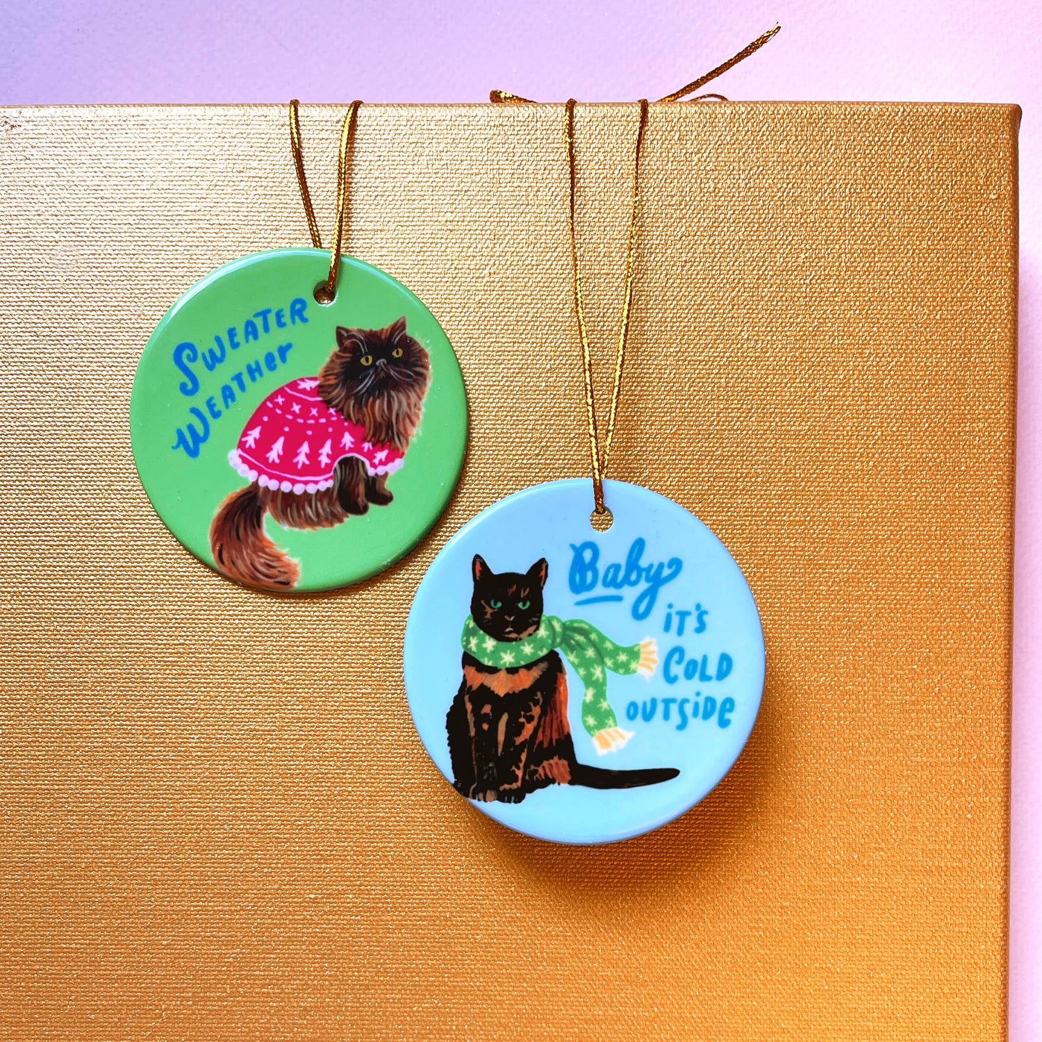Tortoiseshell cat Christmas ornament in holiday scarf