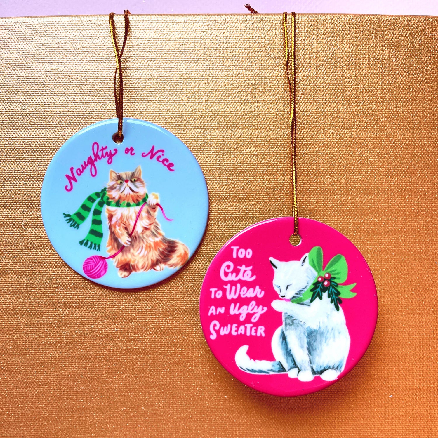 White Cat Christmas ornament with Christmas bow