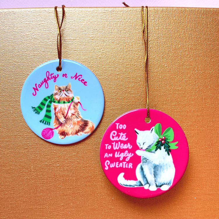 White Cat Christmas ornament with Christmas bow