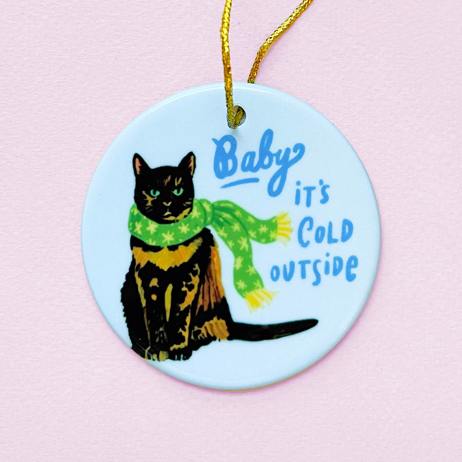 Tortoiseshell cat Christmas ornament in holiday scarf
