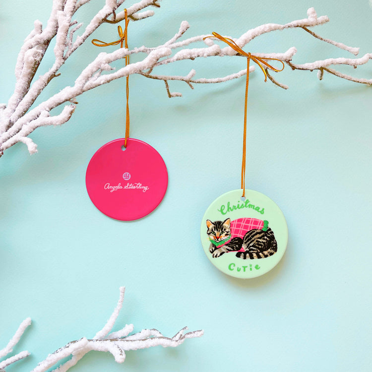 Tabby cat Christmas ornament in holiday sweater