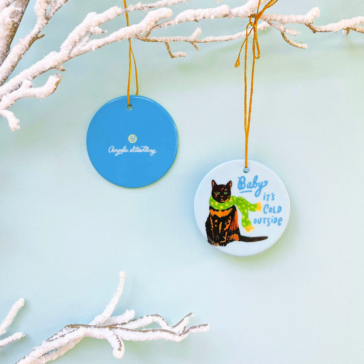 Tortoiseshell cat Christmas ornament in holiday scarf