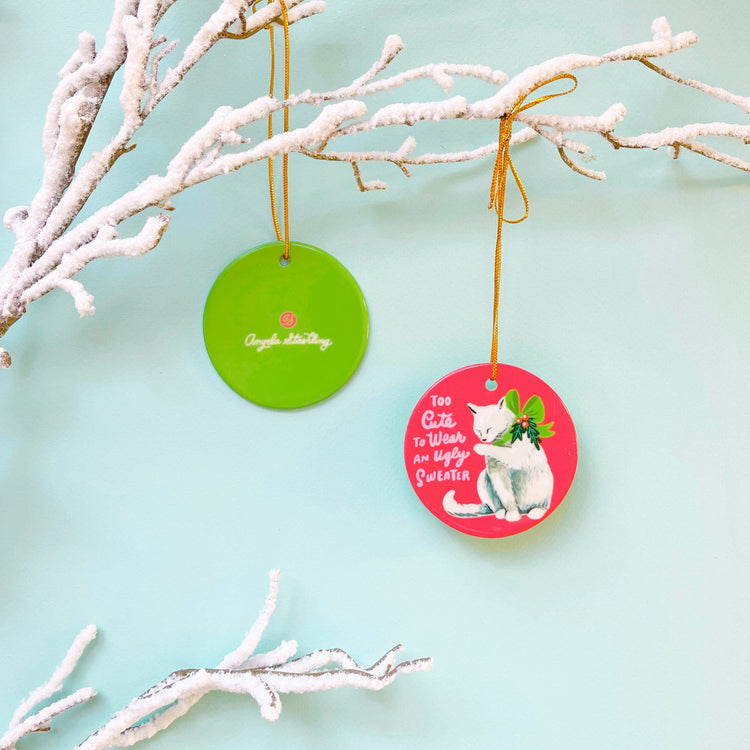 White Cat Christmas ornament with Christmas bow