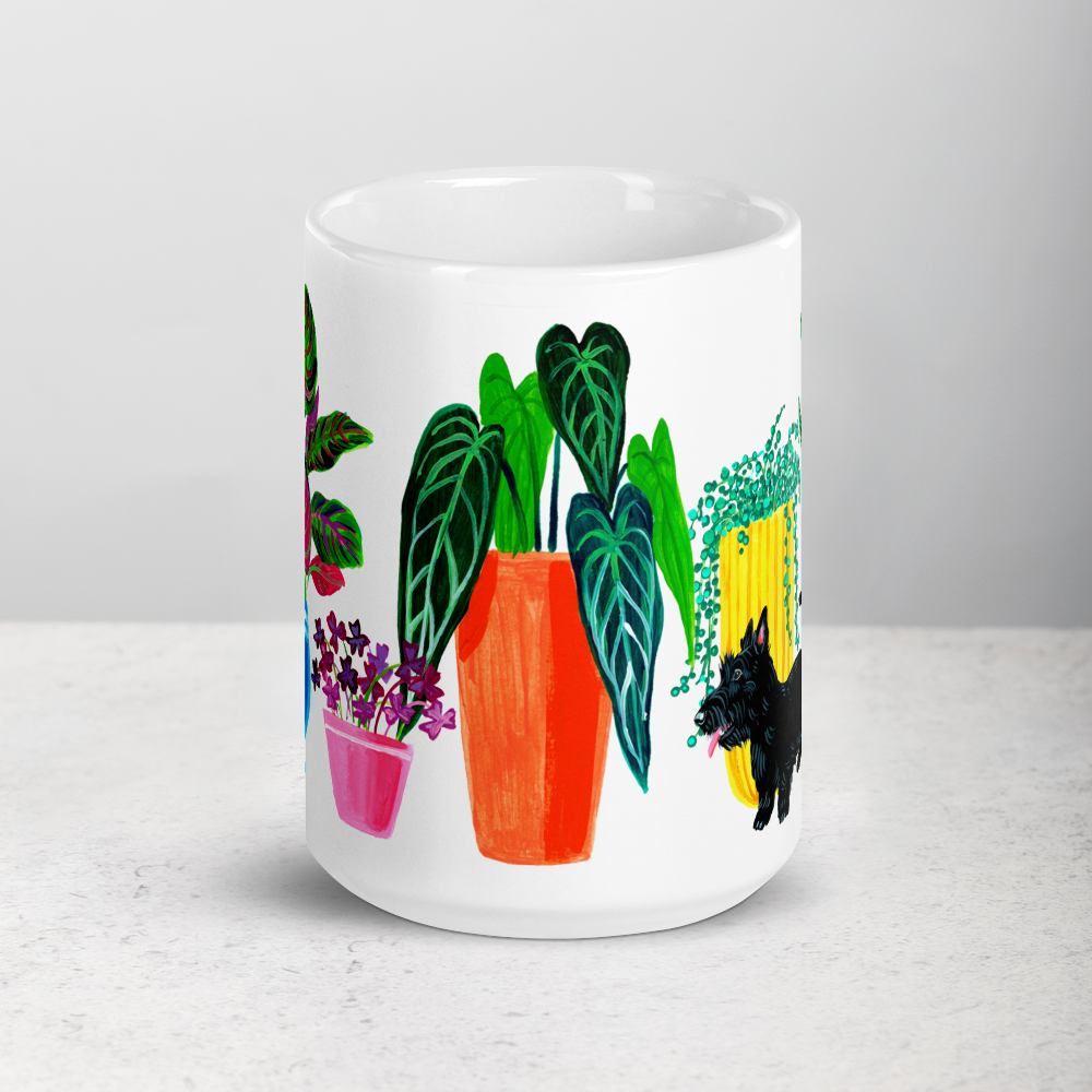 Dogs and plants white ceramic 15oz coffee mug