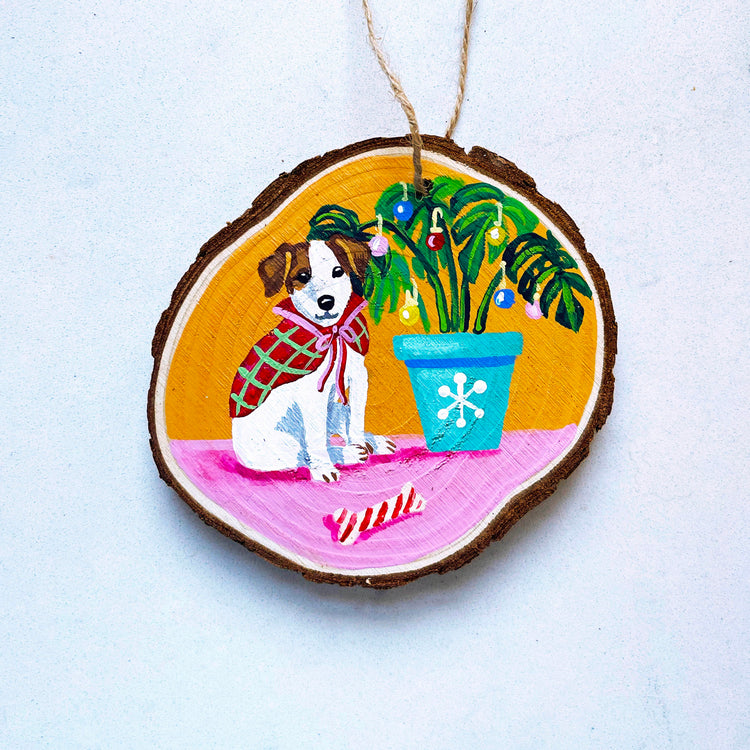Dog with Christmas Monstera Plant | Original Painted Ornament