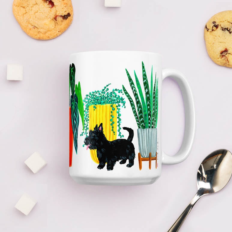 Dogs and plants white ceramic 15oz coffee mug