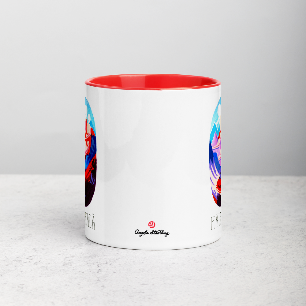 White ceramic coffee mug with red handle and inside; has Haleakala National Park illustration by Angela Staehling