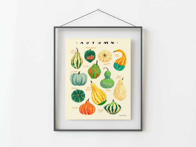 Harvest gourds illustration in gray frame