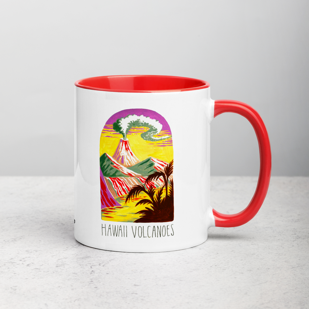 White ceramic coffee mug with red handle and inside; has Hawaii Volcanoes National Park illustration by Angela Staehling