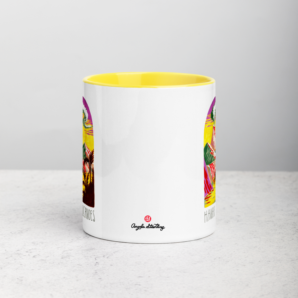 White ceramic coffee mug with yellow handle and inside; has Hawaii Volcanoes National Park illustration by Angela Staehling