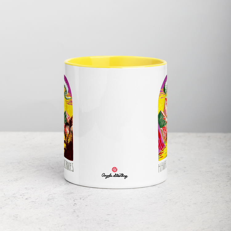 White ceramic coffee mug with yellow handle and inside; has Hawaii Volcanoes National Park illustration by Angela Staehling