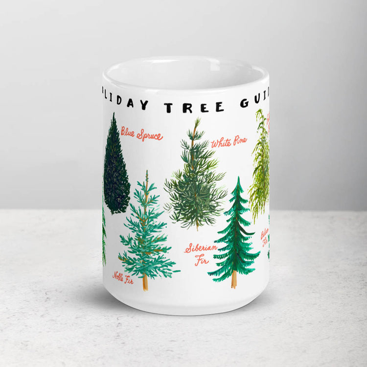 Christmas tree varieties on white ceramic coffee mug