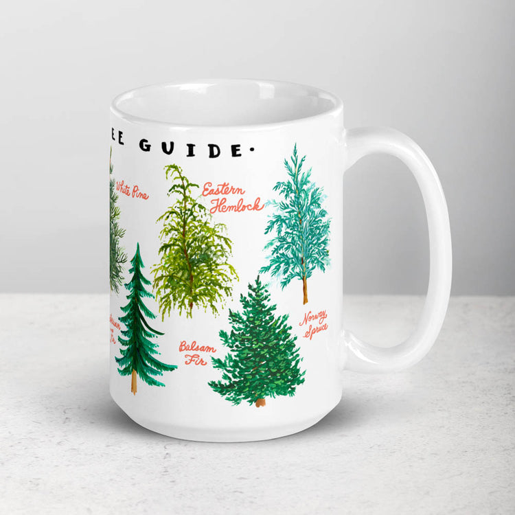 Christmas tree varieties on white ceramic coffee mug