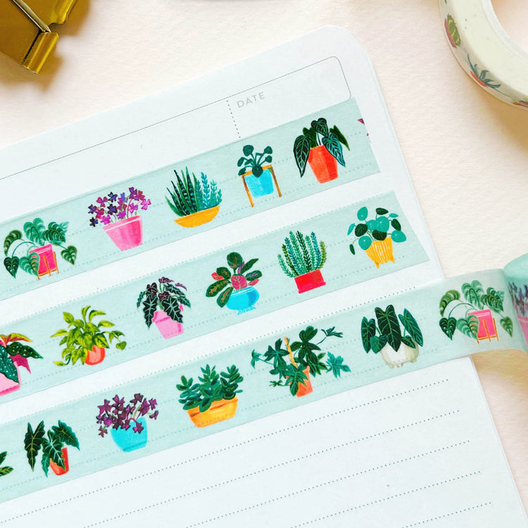 Three rows of Houseplant Washi Tape with light blue background. 22 different indoor plants are illustrated on the washi tape.