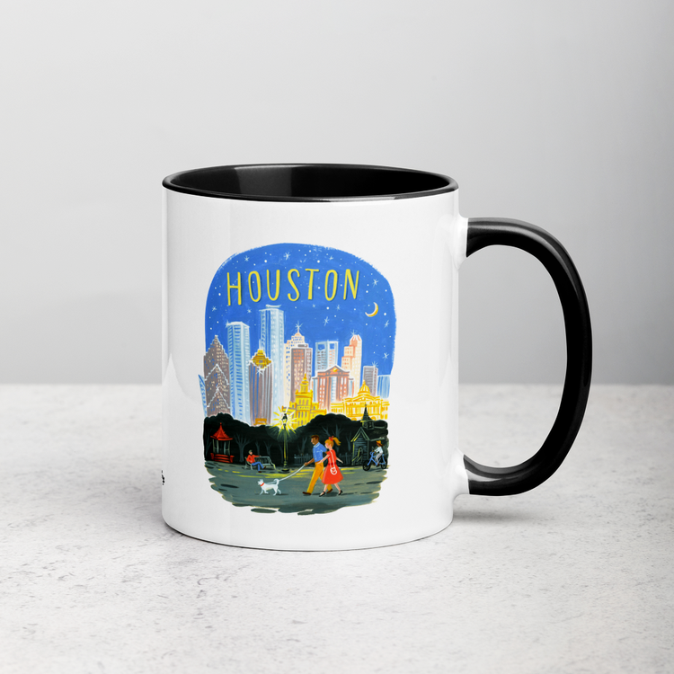 White ceramic coffee mug with black handle and inside; has Houston Texas illustration by Angela Staehling