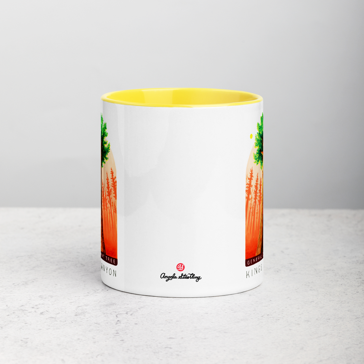 White ceramic coffee mug with yellow handle and inside; has Kings Canyon National Park illustration by Angela Staehling