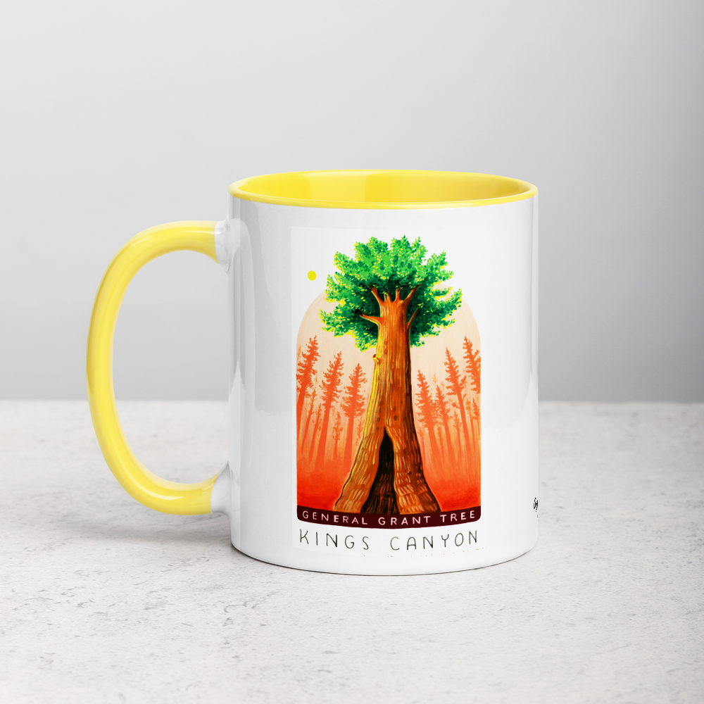 White ceramic coffee mug with yellow handle and inside; has Kings Canyon National Park illustration by Angela Staehling