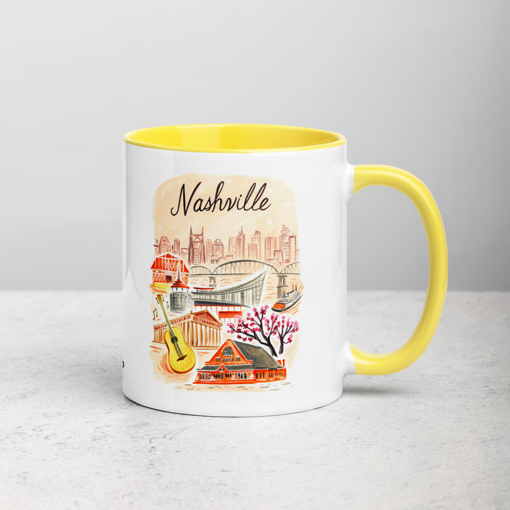 White ceramic coffee mug with yellow handle and inside; has Nashville Tennessee illustration by Angela Staehling