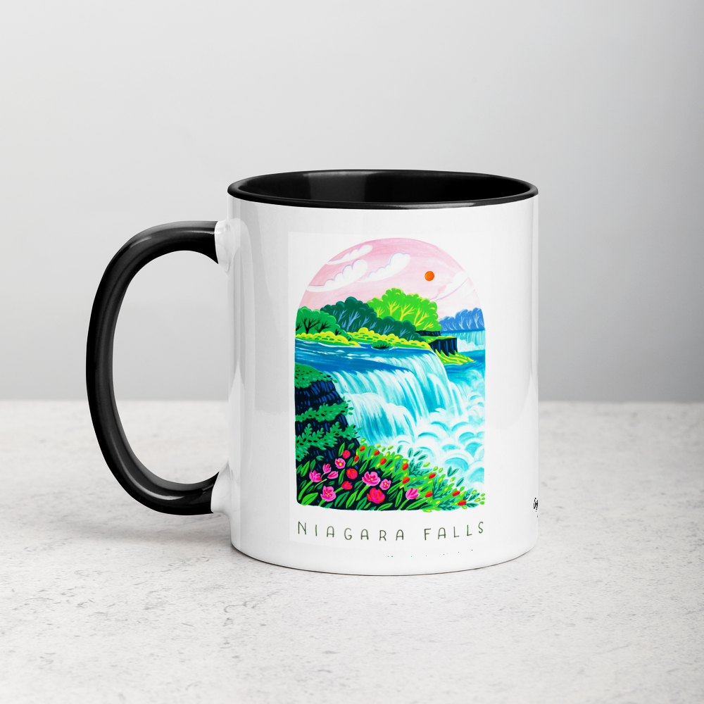 White ceramic coffee mug with black handle and inside; has Niagara Falls National Park illustration by Angela Staehling