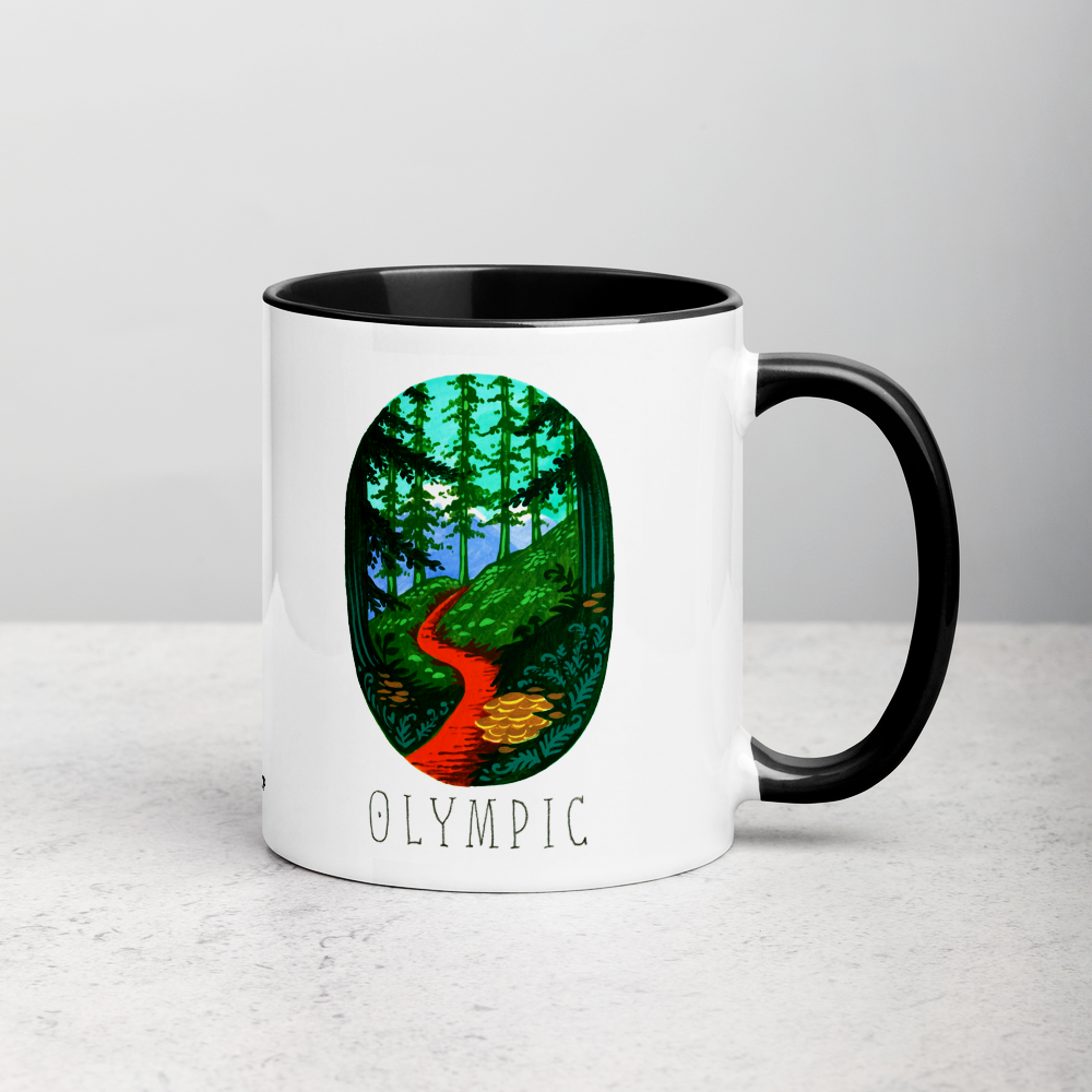 White ceramic coffee mug with black handle and inside; has Olympic National Park illustration by Angela Staehling