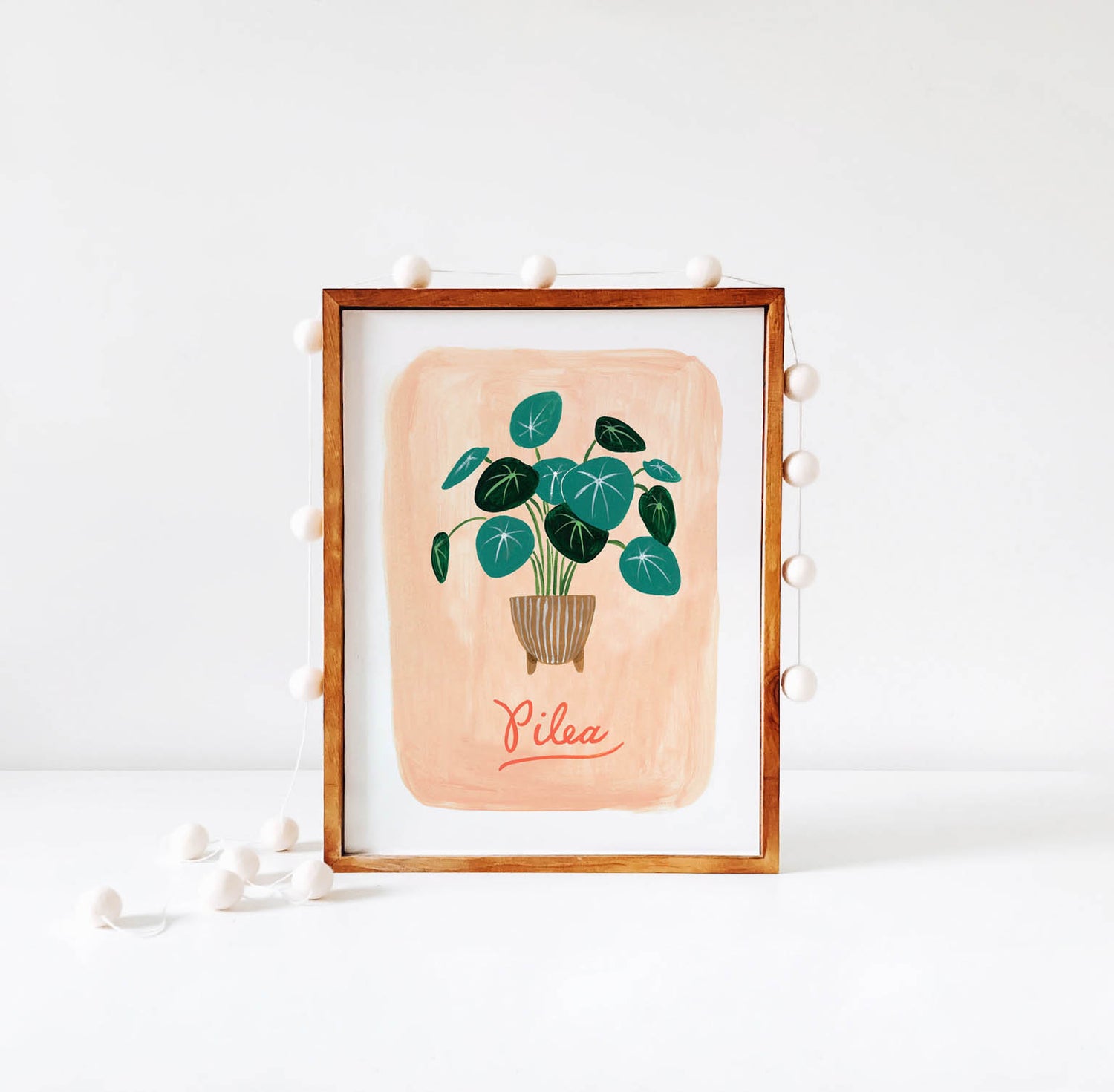 Pilea Plant Illustration in wood frame