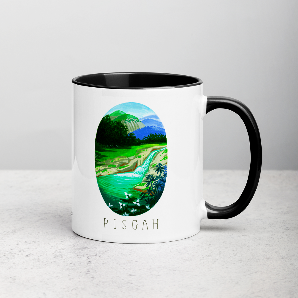 White ceramic coffee mug with black handle and inside; has Pisgah National Park illustration by Angela Staehling