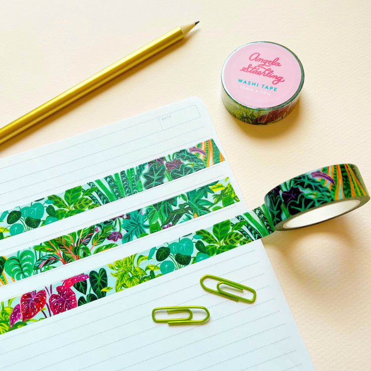 Plant pattern washi tape with pencil and paper clips