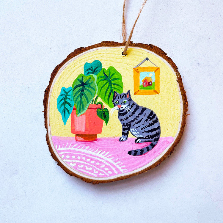 Tabby Cat with Alocasia Plant | Original Painted Ornament