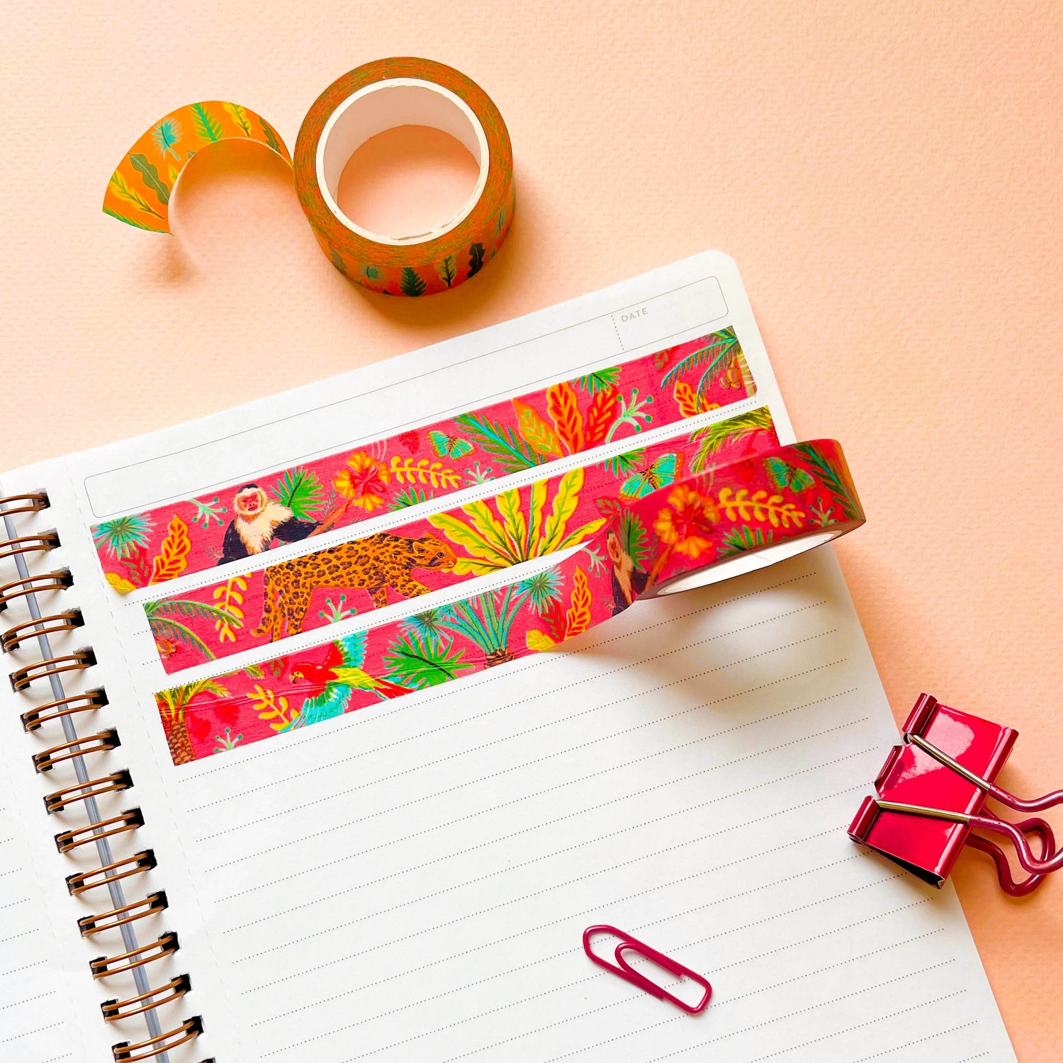 Ruby red tropical washi tape with animals, plants, and flowers