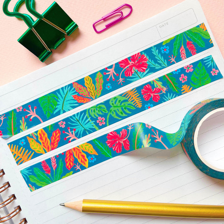 Indigo blue tropical washi tape with flowers and plants