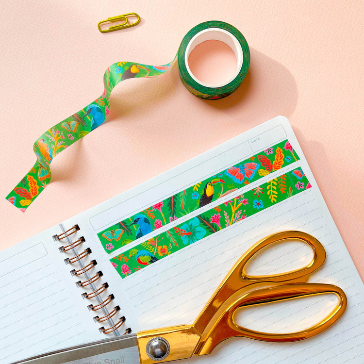 Tropical jade green washi tape with toucan, birds, and flowers