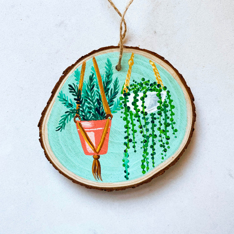 Two Hanging Plants on Aqua | Original Painted Ornament