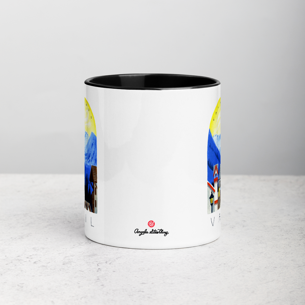 White ceramic coffee mug with black handle and inside; has Sonoma Vail Colorado illustration by Angela Staehling