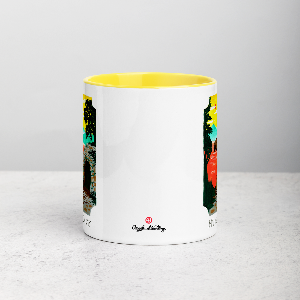 White ceramic coffee mug with yellow handle and inside; has Wind Cave National Park illustration by Angela Staehling