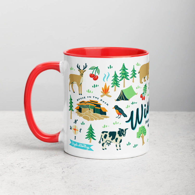 White ceramic coffee mug with red handle and inside; has Wisconsin illustration by Angela Staehling