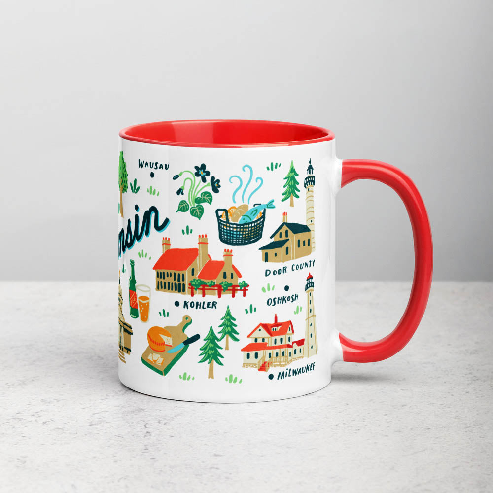 White ceramic coffee mug with red handle and inside; has Wisconsin illustration by Angela Staehling