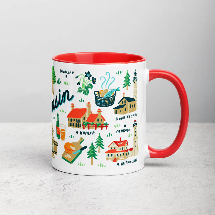 White ceramic coffee mug with red handle and inside; has Wisconsin illustration by Angela Staehling