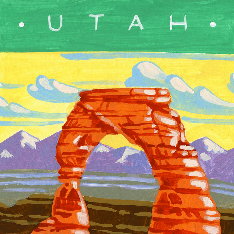 Arches National Park art detail located in Moab, Utah, with sandstone Delicate Arch; trendy illustration by Angela Staehling